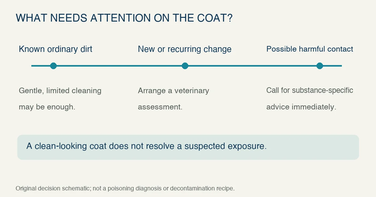 Original coat-care decision diagram distinguishes known ordinary dirt, a new or recurring grooming change and possible harmful contact requiring immediate substance-specific veterinary advice.