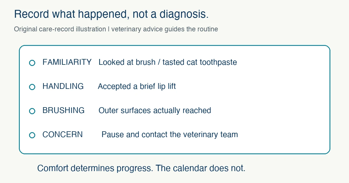 Original care-record illustration distinguishes familiarity with cat toothpaste, accepted lip handling, actual outer-surface brushing and concerns requiring veterinary contact.