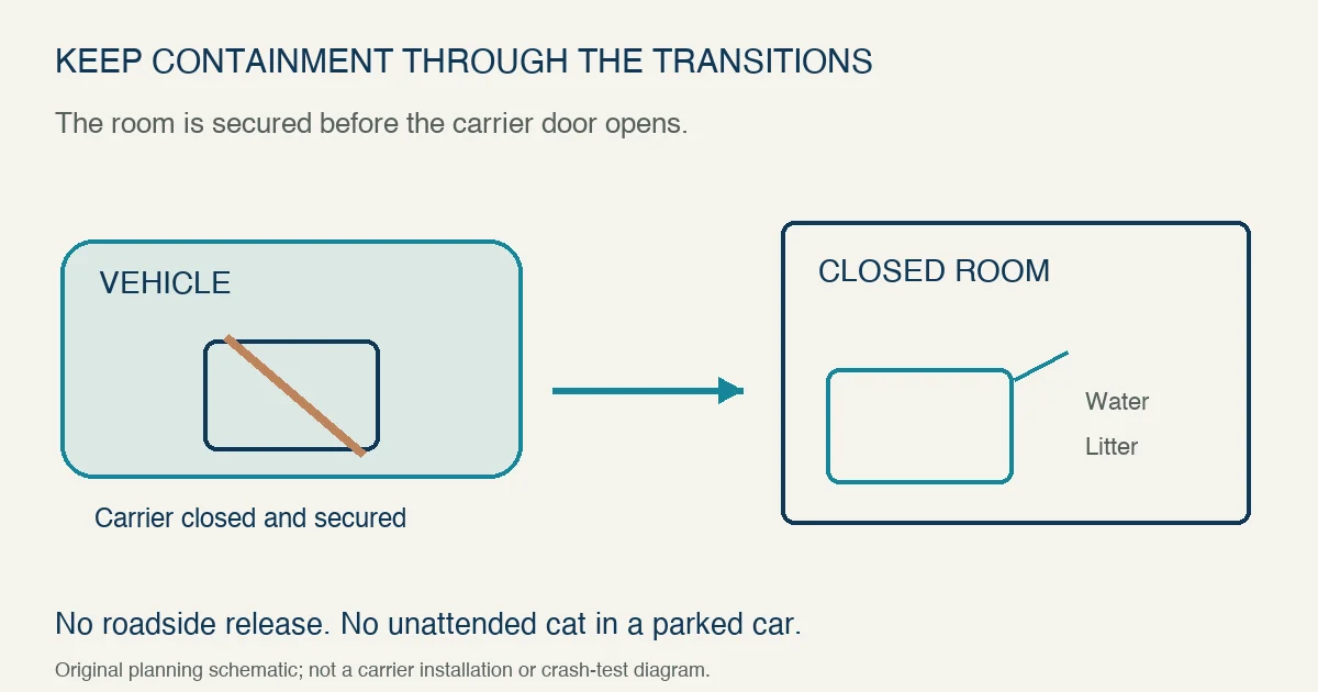Original travel planning diagram: keep a carrier closed and secured in the vehicle, then move it into a closed destination room before opening it; no unattended parked-car stop.