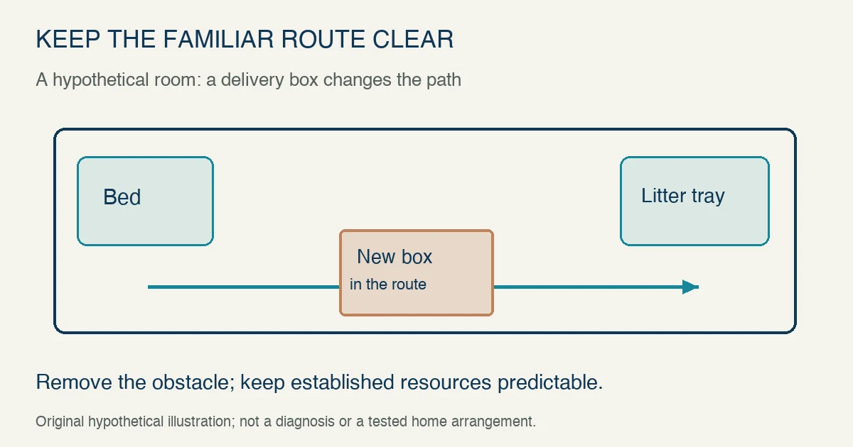 Original hypothetical room diagram shows a delivery box obstructing the familiar route from a bed to a litter tray; remove temporary obstacles and keep established resources predictable.