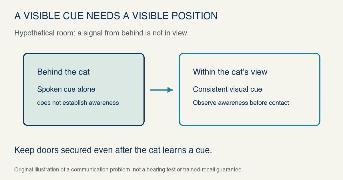 Original hypothetical comparison distinguishes approaching behind a deaf cat with speech from offering a consistent cue within its view; observe awareness and retain secured doors.