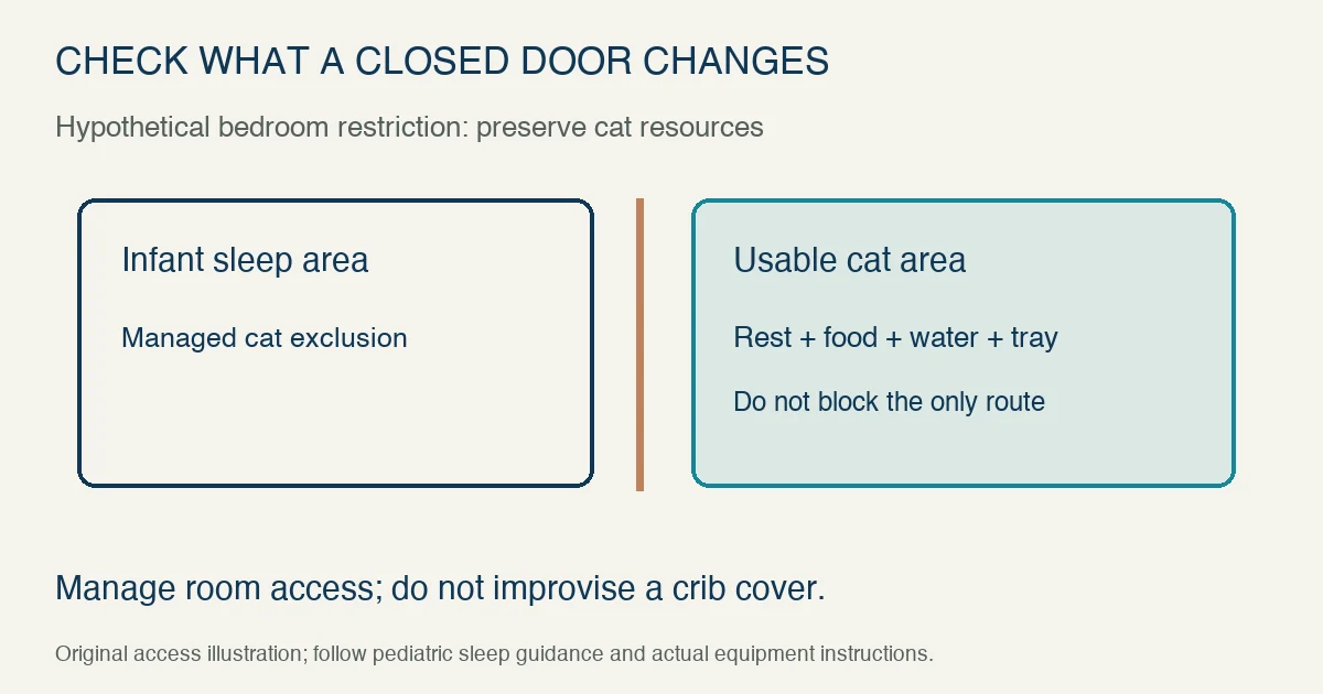 Original hypothetical home access plan separates an infant sleep area from a usable cat area with rest, food, water and tray access; manage cat exclusion without improvising a crib cover.
