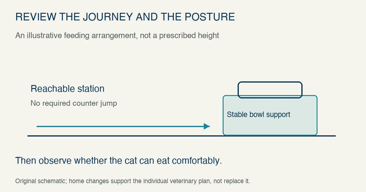 Original illustrative feeding setup separates reaching a station without a counter jump from eating comfortably at a stable bowl support; no prescribed height or clinical outcome.