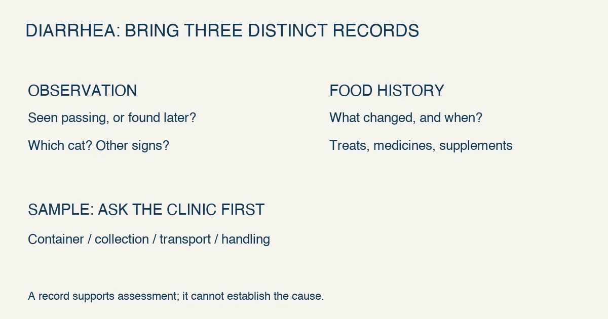 Original diarrhea preparation notes distinguish the observed stool event, the food-change timeline and clinic-specific sample instructions; these are records, not diagnoses.