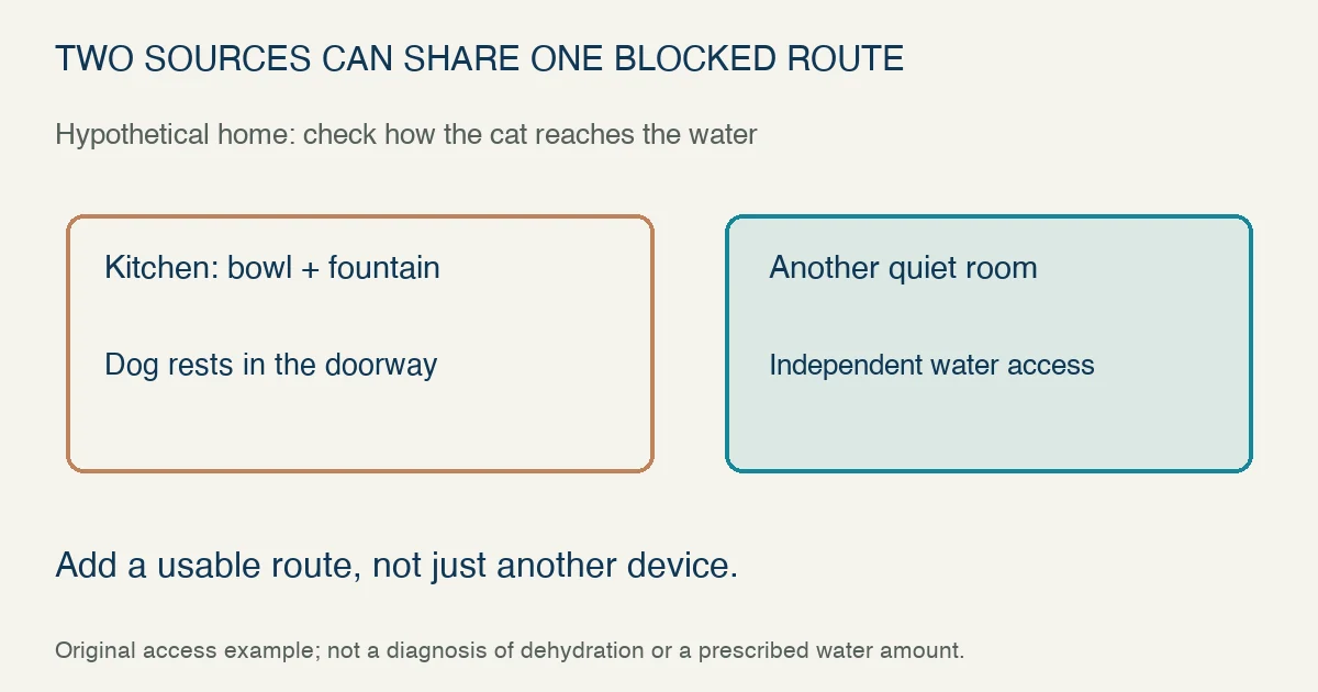 Original hypothetical water-access plan: a kitchen bowl and fountain share a doorway where a dog rests; another quiet room provides an independent route to water, without prescribing an intake amount.