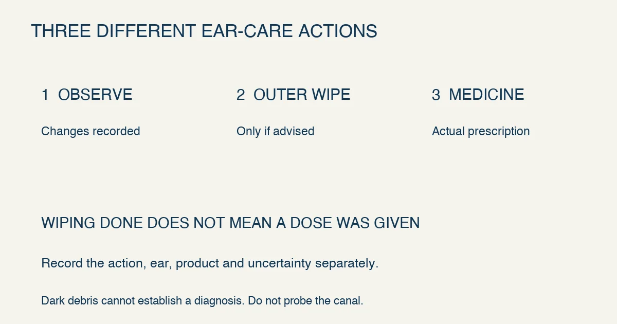 Original ear-care checklist separates observation, outer-ear wiping and a prescribed medicine administration; completing one does not mean another has been completed.
