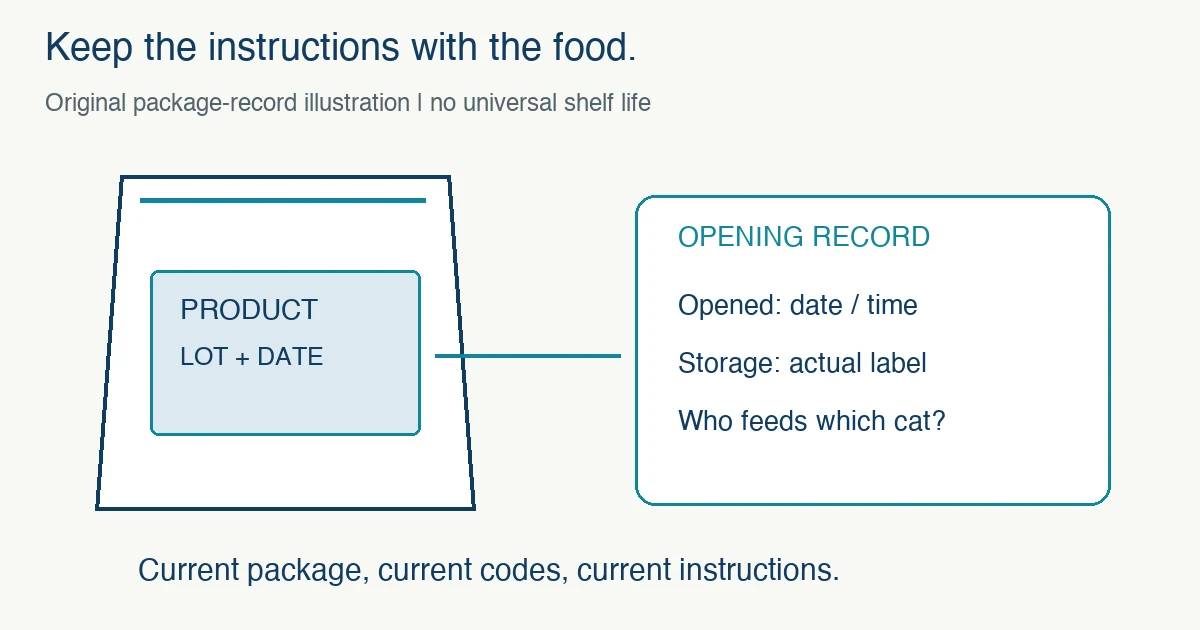 Original package-record illustration links the current food product, lot and printed date to its opening time, storage directions and intended cat.