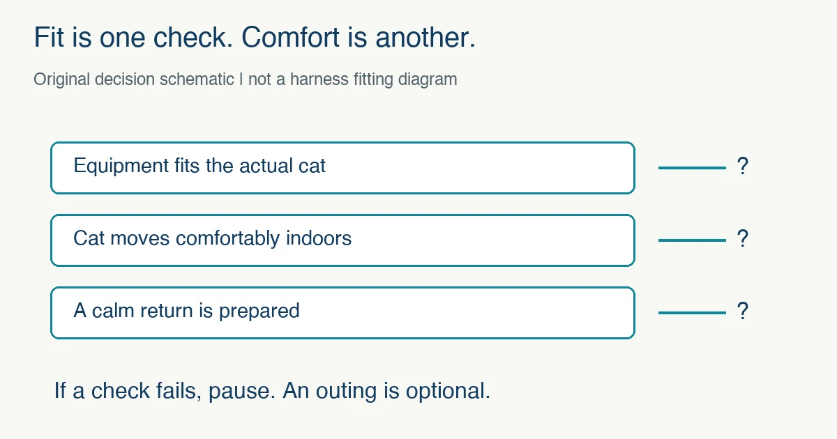Original decision schematic separates actual harness fit, comfortable indoor movement and a prepared calm return; an unsuccessful check means pausing an optional outing.