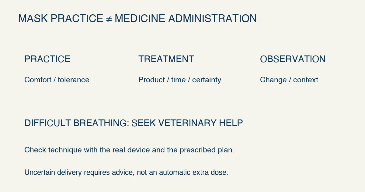 Original inhaler routine note distinguishes mask practice from medicine administration and symptoms; a caregiver should record uncertain delivery and obtain veterinary instructions rather than repeat a dose independently.