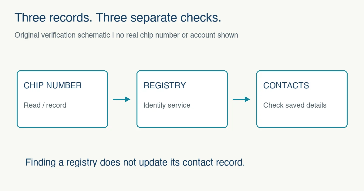 Original microchip verification schematic connects recording the chip number, identifying the registry and checking saved contacts; finding a service does not update its record.
