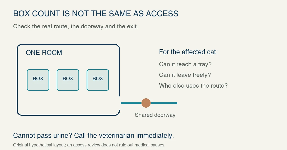 Original hypothetical litter layout shows three boxes in one room sharing one doorway, prompting checks of individual entry and exit; inability to pass urine requires an immediate veterinary call.