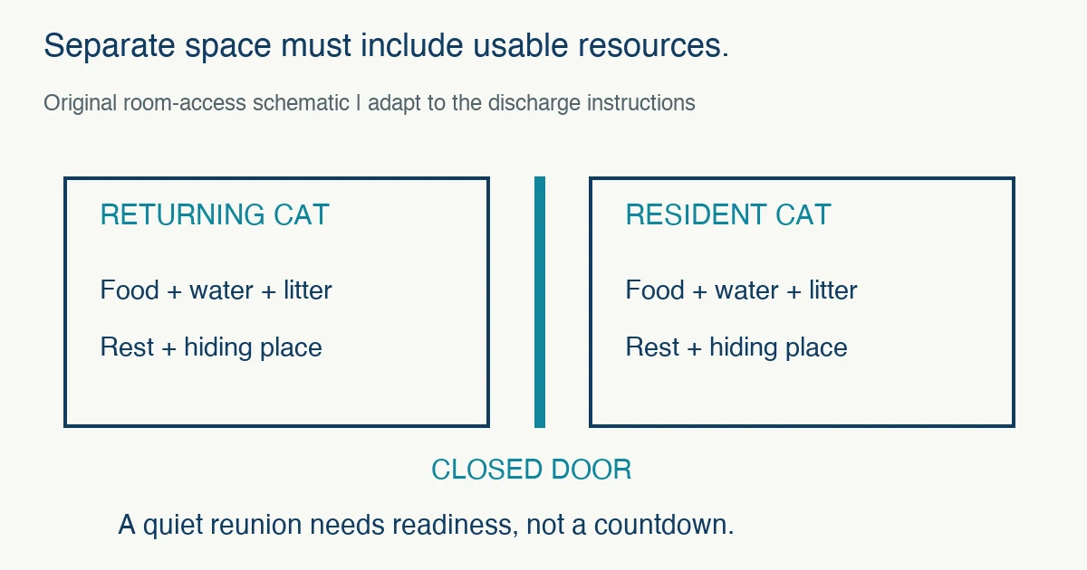 Original room-access schematic separates returning and resident cats with a closed door and shows food, water, litter, rest and hiding resources on both sides.