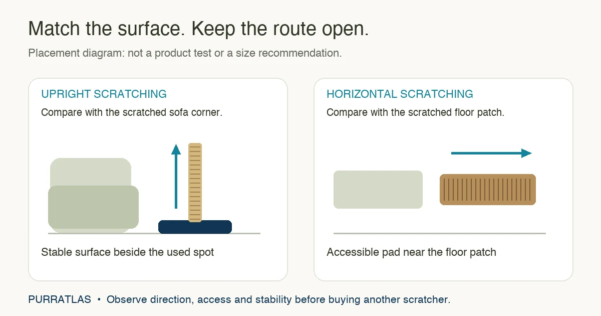 Placement diagram comparing an upright scratcher beside a sofa with a horizontal pad beside a carpet patch