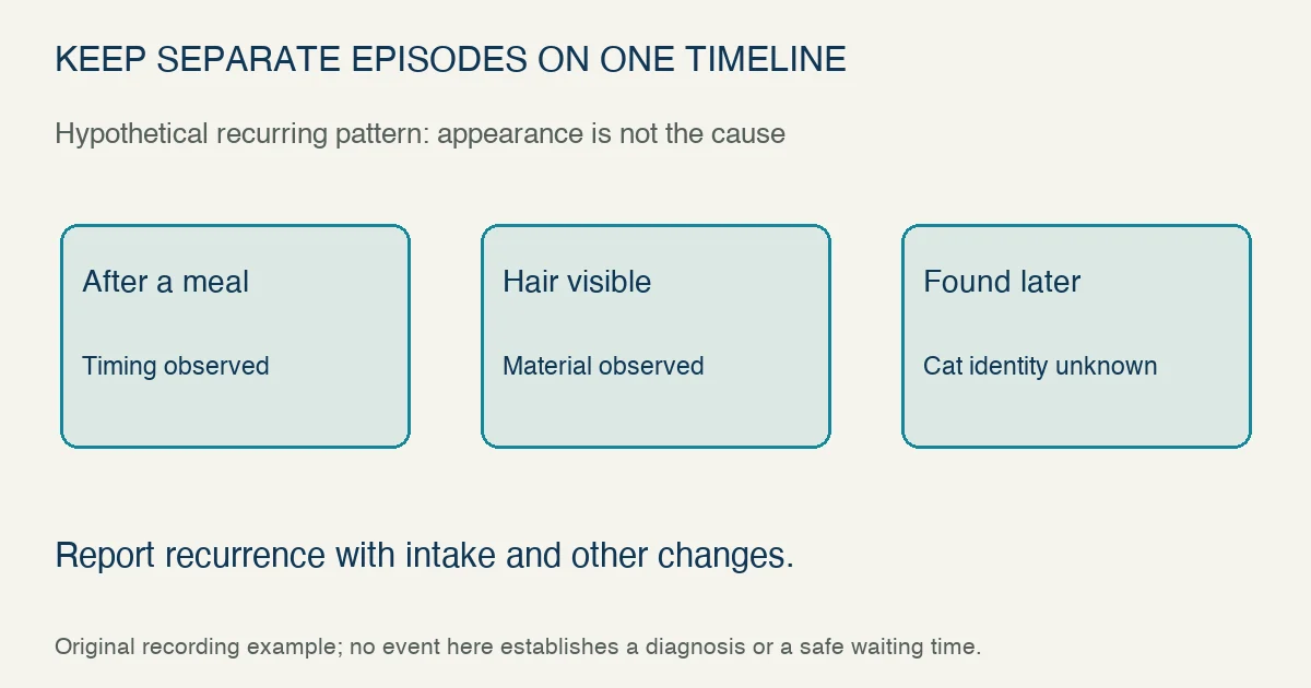 Original hypothetical vomiting timeline includes an event after a meal, visible hair in another event and material found later with unknown cat identity; report the recurring pattern without assigning a diagnosis.