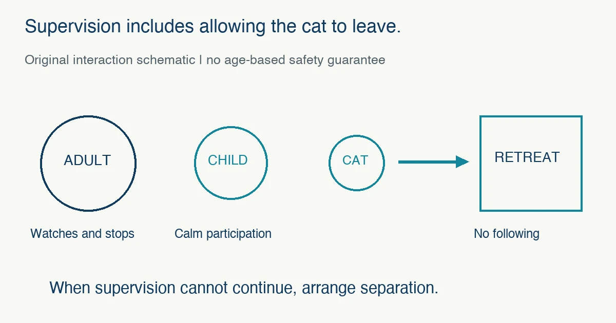 Original child-cat interaction schematic shows an adult supervising calm participation and a clear cat route to an undisturbed retreat; arrange separation when supervision stops.
