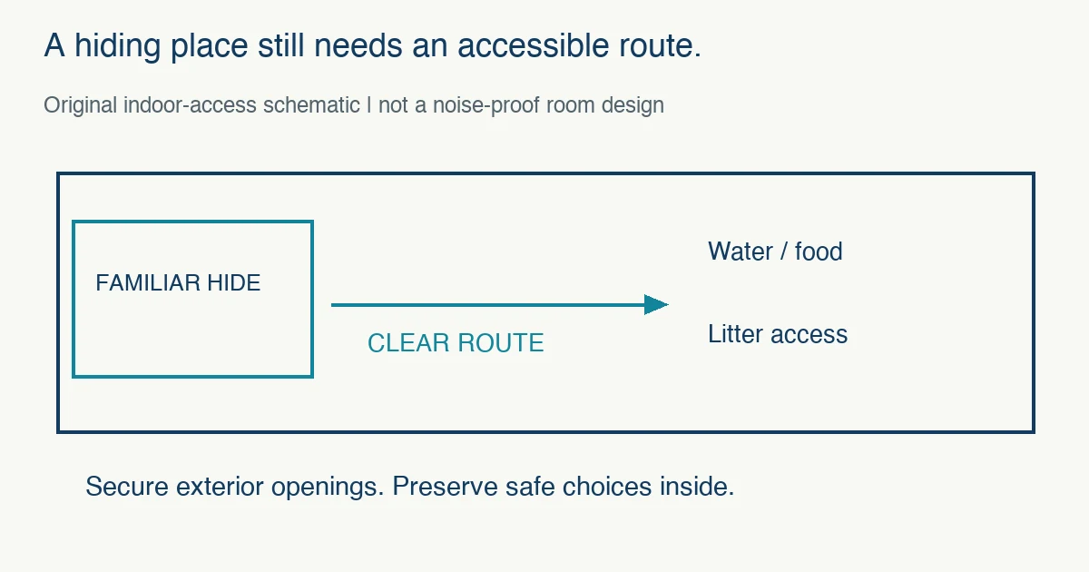 Original indoor-access schematic shows a clear route from a familiar hiding place to food, water and litter, with secure exterior openings and safe indoor choices.