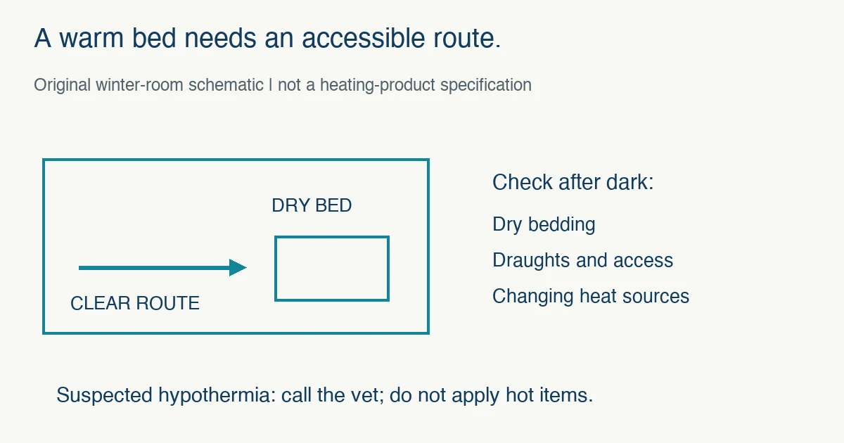 Original winter-room schematic shows a clear route to a dry bed and checks for draughts and changing heat sources; suspected hypothermia requires a veterinary call rather than hot items.