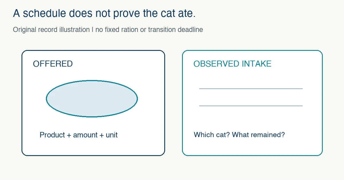 Original record illustration separates food offered with its product, amount and unit from the observed intake of the individual cat.