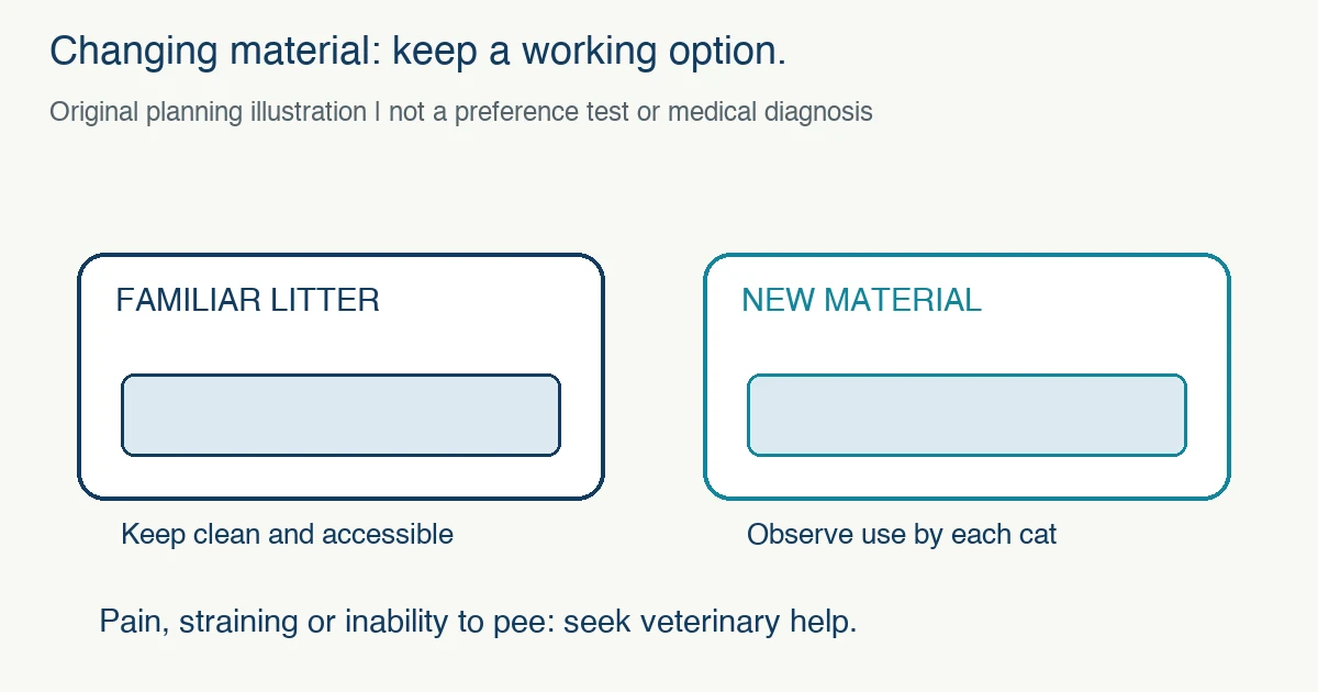 Original illustration shows a familiar litter tray kept clean and accessible alongside a new material option, with observation and veterinary help boundaries.