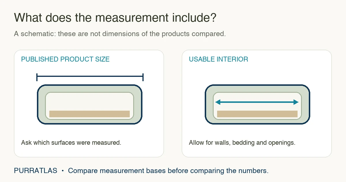 Schematic distinguishing a carrier’s published product dimensions from usable interior space and bedding clearance