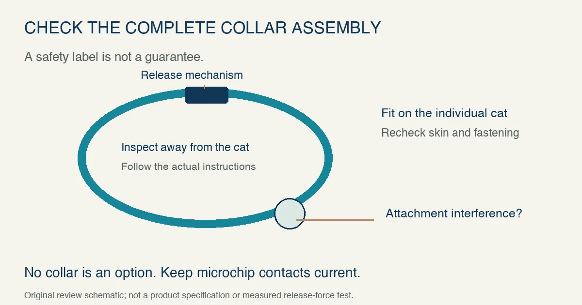 Original collar review schematic marks the release mechanism and an attachment, prompting checks away from the cat, individual fit and skin; it gives no release-force specification or safety guarantee.