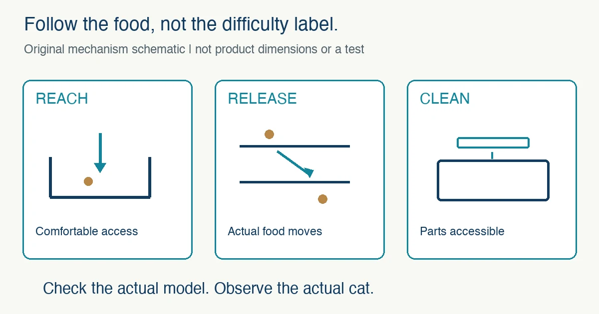 Original three-part mechanism schematic: comfortable reach to food, food moving through a release mechanism, and removable parts for cleaning; not a product test.