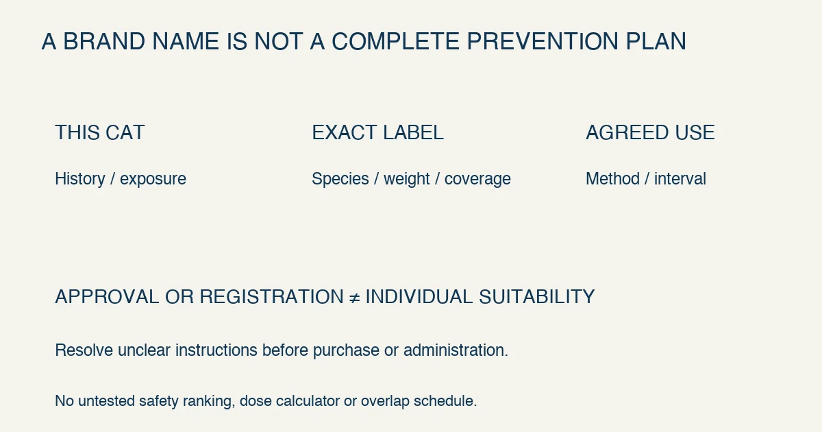 Original product-selection note progresses from the cat’s actual needs to an exact product label and an agreed administration plan; a brand family name alone is insufficient.