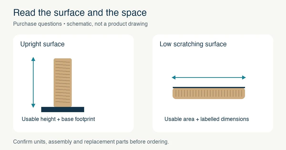 Schematic comparing an upright scratcher’s usable surface and base footprint with a low scratcher’s usable area and labelled dimensions.