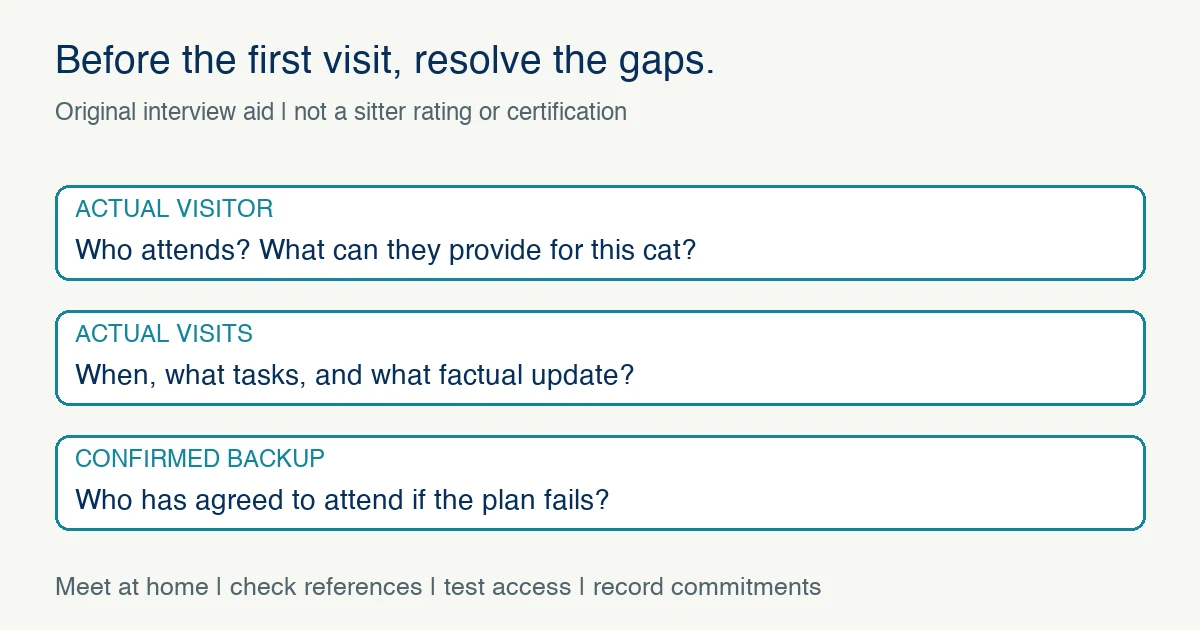 Cat-sitter interview planning establishes the actual visitor, agreed visit timing and tasks, and a confirmed backup before the first assignment.