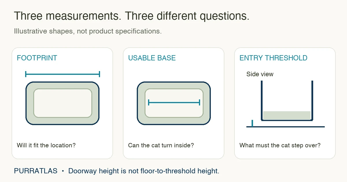 Schematic distinguishing a litter tray footprint, usable base and floor-to-entry threshold height.