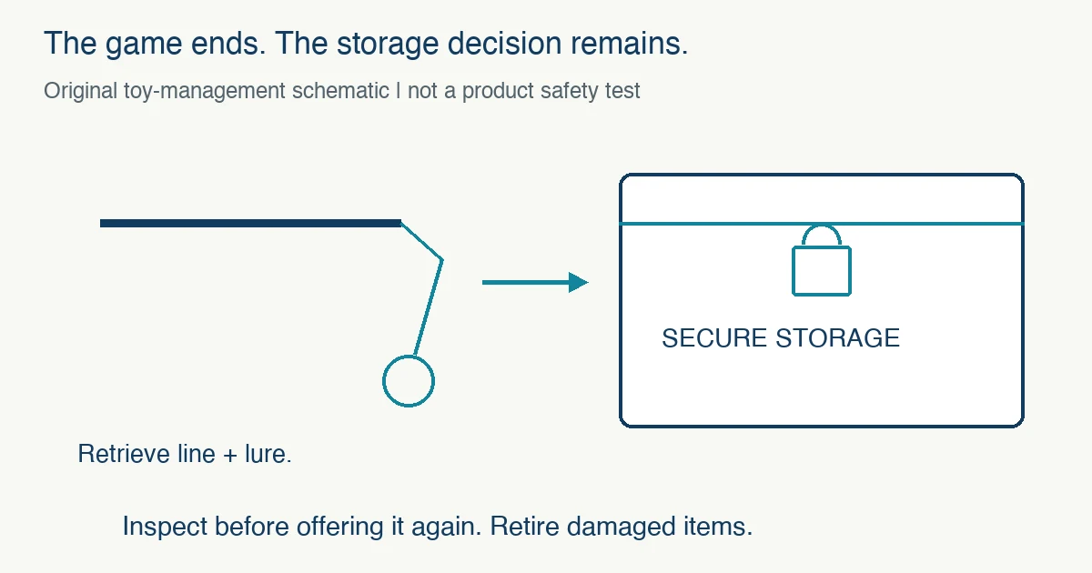 Original toy-management schematic shows retrieving a wand line and lure into secure storage, inspecting before reuse and withdrawing damaged items.