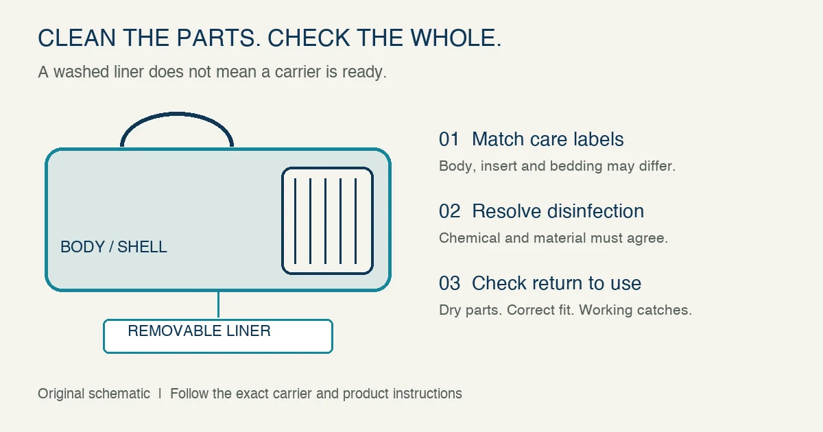 Original exploded carrier schematic separates the body and removable liner, then identifies care labels, compatible disinfection and complete drying with correct reassembly as separate checks.