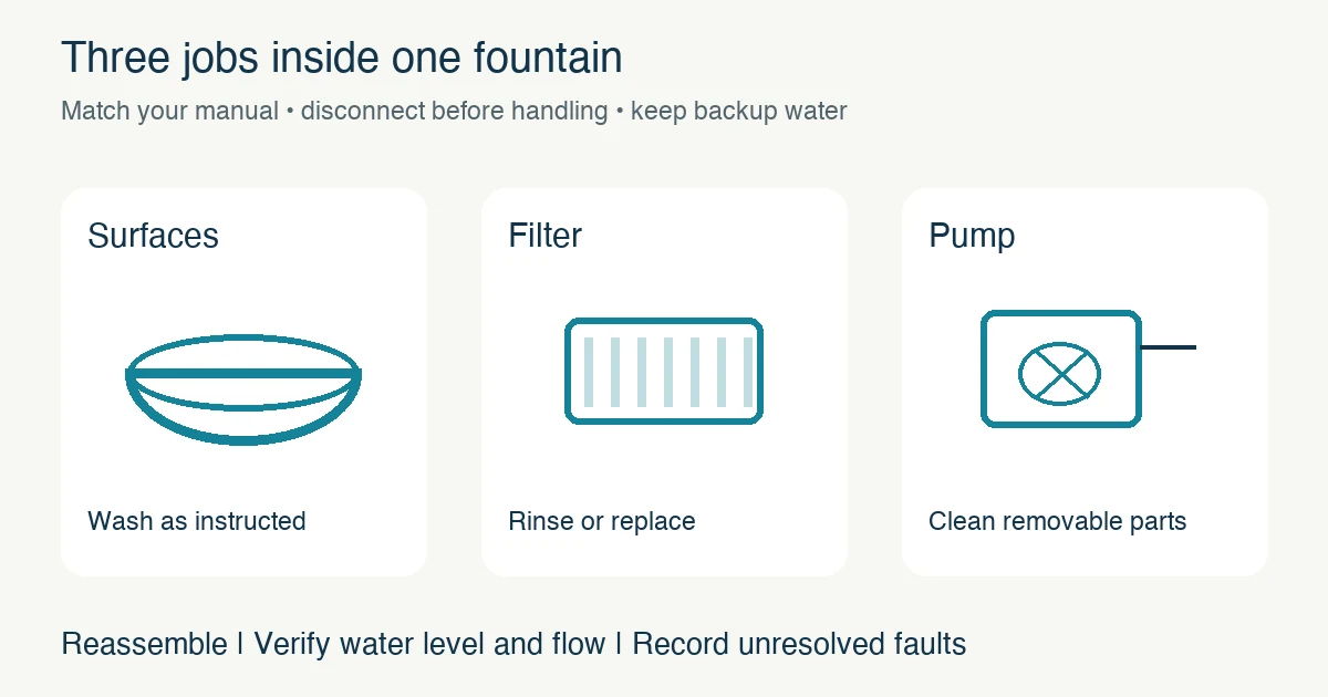 Maintenance planning separates fountain surfaces, the filter and removable pump parts, followed by restart checks; schematic, not a model-specific disassembly guide.