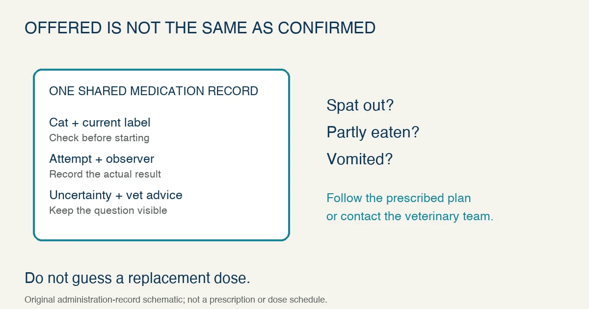 Original medication-record schematic separates the current cat prescription, observed administration and unresolved events; a spat-out, partly eaten or vomited tablet needs specific veterinary advice rather than a guessed replacement dose.