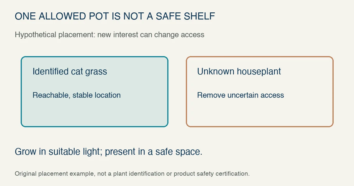 Original hypothetical shelf access example: identified cat grass needs a reachable stable location, while an unknown houseplant needs its access removed; growing light and safe presentation can be arranged separately.
