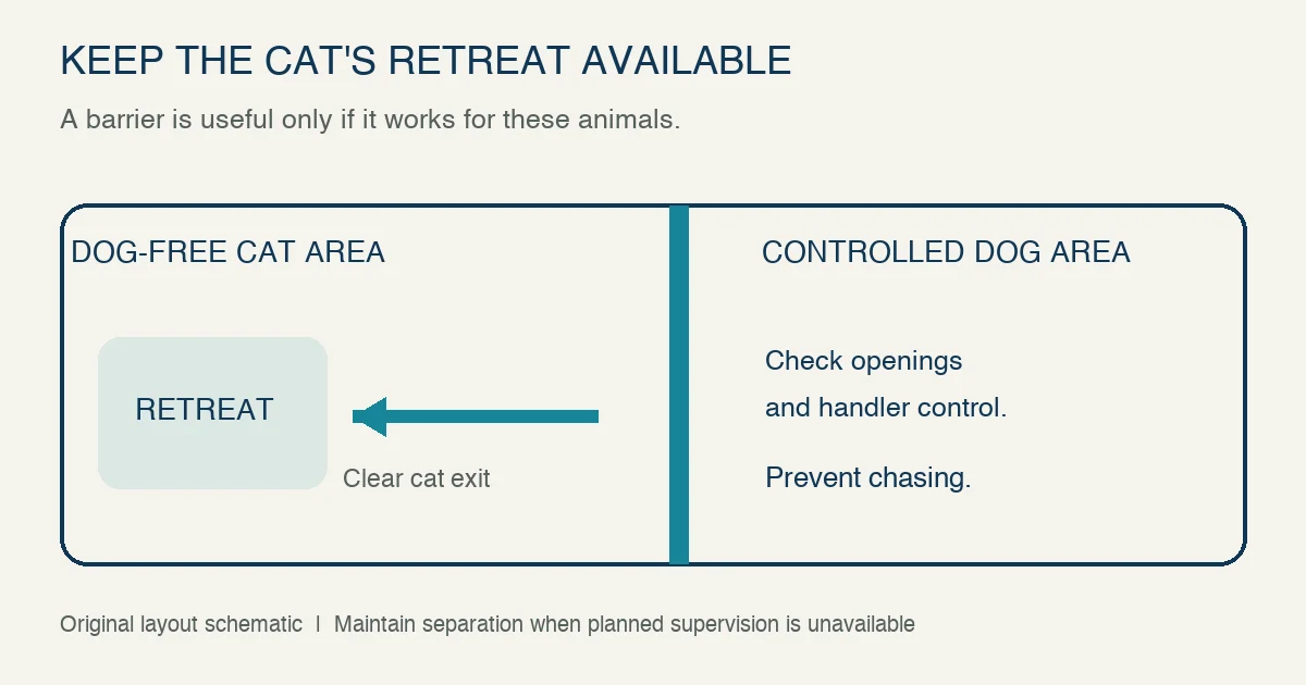 Original cat-dog separation floor plan shows a checked barrier, a dog-free cat retreat with a clear exit and an adult-controlled dog area; separation continues when supervision is unavailable.
