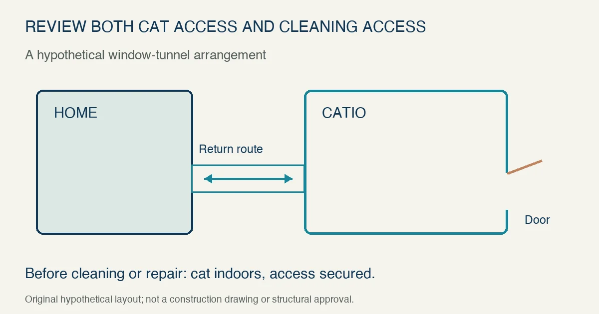 Original hypothetical home-to-catio tunnel shows a bidirectional cat return route and a separate cleaning door; secure the cat indoors before opening maintenance access. Not a construction drawing.
