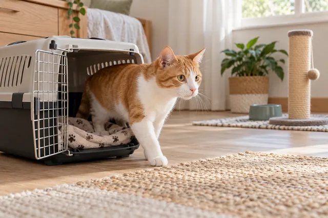 Illustration of a cat exploring beside an open carrier