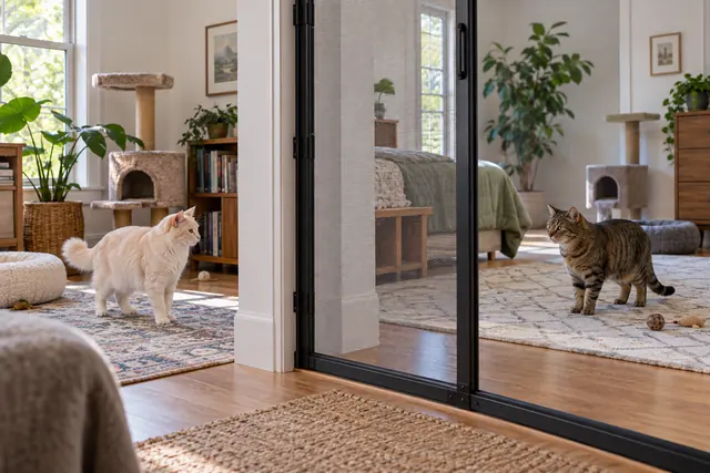 Illustration of two cats separated by a secure screen