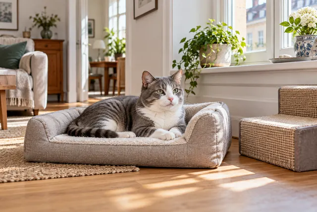 Illustration of a cat resting in an accessible floor-level bed