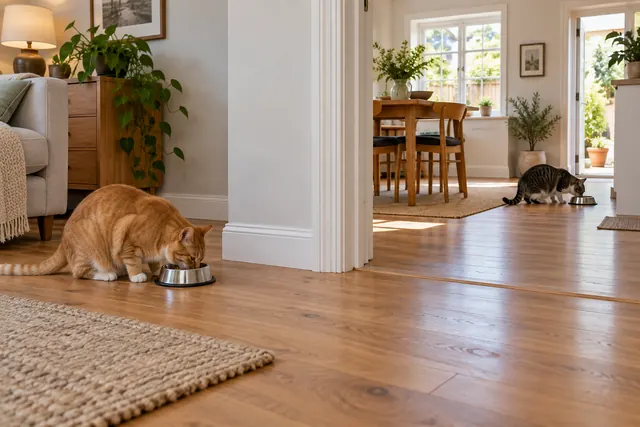 Illustration of two cats eating in separate rooms